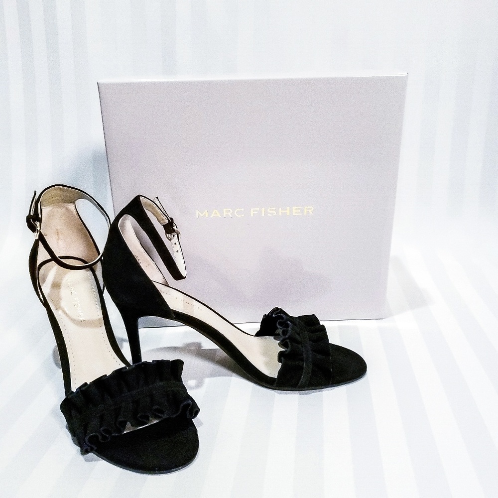 Marc Fisher Black Suede Balyda Sandal Heels Sz 10